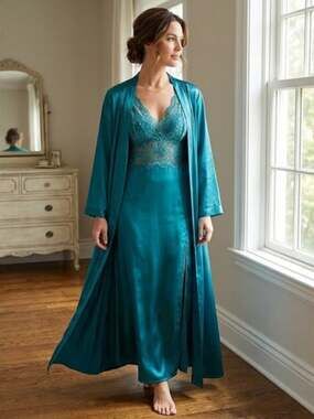 Amoureuse 2-Piece Teal Lace & Satin Nightgown and Long Robe Set (Size L)